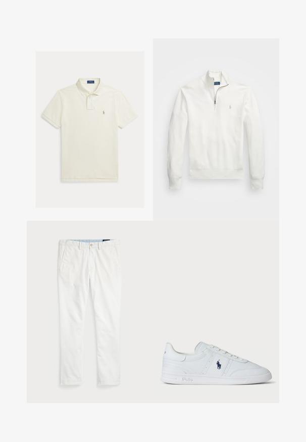 Bijela pulover jakna s polu zatvaranjem izrađena od teksturirane tkanine. Ima dugačke rukave, rebraste manžete i mali logo na lijevoj strani prsnog koša.; Pamukasta polo majica u boji slonovače, s ravnim izrezom, kratkim rukavima i izvezenim logotipom u smešnoj boji na lijevoj strani prsnog koša.; Bijele chinos hlače izrađene od pamuka, s ravnim prednjim dijelom, petljama za pojas, dva bočna džepa i jednim stražnjim džepom. Glatka tekstura s ravnim nogavicama.; Bijela kožna tenisica s glatkom teksturom, koja ima vezanje na vezice, mornarsku oznaku sa strane i izdržljiv gumeni đon.