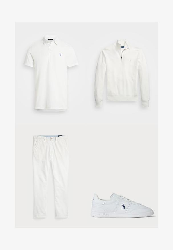 Hvit halv-zip genser laget av teksturert stoff. Har lange ermer, ribbestrikkede mansjetter og en liten logo på venstre bryst.; Hvit polo-skjorte laget av glatt bomull, med klassisk krage, korte ermer og en marineblå brodert logo på venstre bryst.; Hvite chinos laget av bomull, med flat front, beltehemper, to sidelommer og en baklomme. Glatt tekstur med rett ben.; Hvit lær sneakers med en jevn tekstur, med snøring, en marine logo på siden, og en holdbar gummisåle.