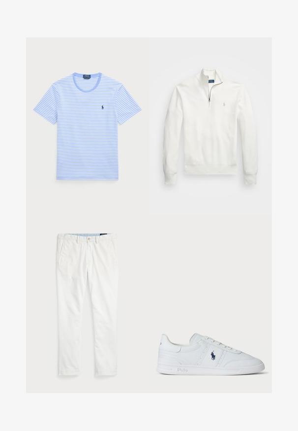 Bela pulover s polno zadrgo, izdelan iz teksturiranega blaga. Ima dolge rokave, rebraste manšete in majhen logotip na levem prsnem predelu.; Svjetloplava majica s kratkim rukavima s bijelim horizontalnim prugama, okrugli izrez i mali mornarski logotip na lijevoj strani prsnog dijela. Mekana pamučna tkanina.; Beli chinos iz bombaža, z ravnim sprednjim delom, z zanko za pas, dvema stranskima žepoma in enim zadnjim žepom. Gladka tekstura z ravno nogavico.; Bele teniske iz usnja z gladko teksturo, zavezane z vezalkami, z mornarsko modrim logotipom ob strani in trdnim gumijastim podplatom.