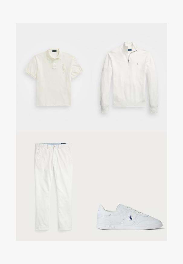 Bela pulover s polno zadrgo, izdelan iz teksturiranega blaga. Ima dolge rokave, rebraste manšete in majhen logotip na levem prsnem predelu.; Kremna polo majica z odprtjem za tri gumbke, kratkimi rokavi in vezenim logotipom na levem prsnem delu. Mehka, gladka bombažna tkanina.; Beli chinos iz bombaža, z ravnim sprednjim delom, z zanko za pas, dvema stranskima žepoma in enim zadnjim žepom. Gladka tekstura z ravno nogavico.; Bele teniske iz usnja z gladko teksturo, zavezane z vezalkami, z mornarsko modrim logotipom ob strani in trdnim gumijastim podplatom.