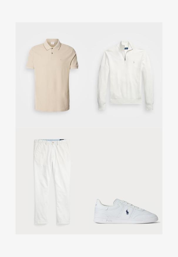Valge pool- tõmblukk pusa tekstuuriga kangast. Omab pikki varrukaid, soonikuid ja väikest logo vasakul rinnal.; Beeži polo-särk, mis on valmistatud puuvillast, kahe nupuga kaelusega, lühikeste varrukatega ja väikese logoga rinnanahal. Vastandvärvi õmbluse detail.; Valged chino püksid, mis on valmistatud puuvillast, sirge lõikega, vöökohtadega, kahe külgtasku ja ühe tagataskuga. Sile tekstuur ja sirge jalg.; Valge nahast tennisekeng, millel on sile tekstuur, paelad ja navy logo külgedel, ning vastupidav kummist tald.