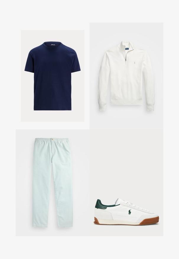 Hvit halv-zip genser laget av teksturert stoff. Har lange ermer, ribbestrikkede mansjetter og en liten logo på venstre bryst.; Marineblå T-skjorte med korte ermer og rund hals, med en liten RLX Ralph Lauren-logo inne i kragen.; Lyseblå, avslappede bukser med elastisk linning, med sidelommer og en enkelt knappelukking foran.; Hvite sneakers med grønne lærdetaljer og en tan gummisåle. Har en stoffoverdel og en fremtredende logo på siden. Snøring.