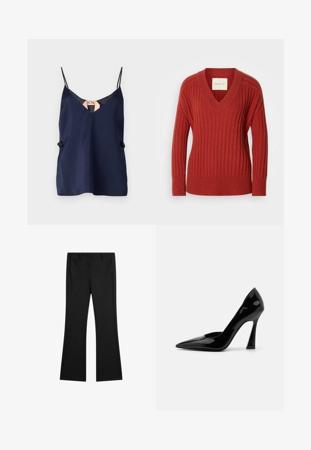 Rød ribbet sweater med V-hals, lange ærmer og fitted talje. Fremstillet af et blødt, struktureret materiale. Etiket synlig inden i halsudskæringen.; Marineblå satin cami med V-hals, tynde stropper og en subtil sideaccent. Glat tekstur og let design.; Sorte flagrende bukser lavet af glat stof, med forlommer og en skræddersyet pasform med pressede foldelinjer for et poleret udseende.; Sort patentlæder højhælede pumper med spidse tæer og en vinklet stiletto-hæl, med en glat, skinnende overflade.