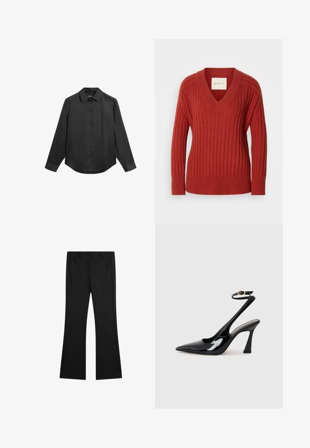 Rode geribbelde trui met een V-hals, lange mouwen en een getailleerde taille. Gemaakt van een zacht, gestructureerd materiaal. Label zichtbaar aan de binnenkant van de hals.; Zwart shirt met lange mouwen, een kraag, knoopsluiting aan de voorkant, gladde stof en een licht afgeronde zoom. Geen zichtbare patronen of accenten.; Zwarte flared broek van gladde stof, met voorzakken en een op maat gemaakte pasvorm met geplooide lijnen voor een verzorgde uitstraling.; Zwarte gepatenteerde leren slingback pumps met een spitse neus, verstelbare enkelband en een gematigd blokhak. Gladde textuur met een glanzende afwerking.