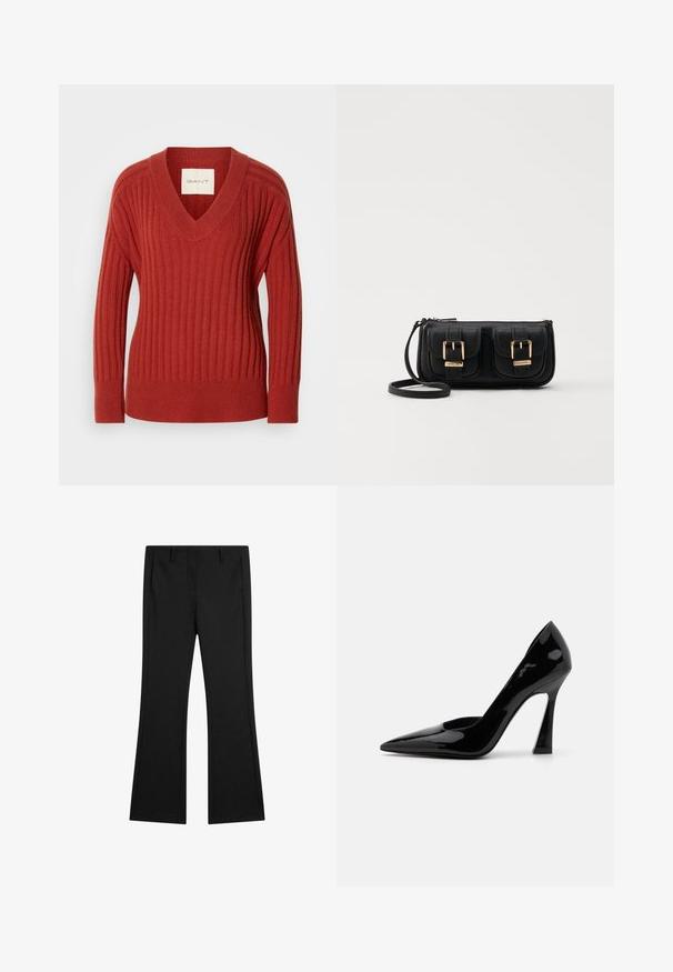 Red ribbed sweater with a V-neck, long sleeves, and a fitted waist. Made from a soft, textured material. Label visible inside neckline.; Black flared pants made of smooth fabric, featuring front pockets and a tailored fit with pressed crease lines for a polished look.; Black patent leather high heel shoe with a pointed toe and a distinctive angular heel. Smooth texture with a sleek, shiny finish.; Black leather crossbody bag with two front pockets, gold buckles, zipper closure, and a slim strap. Textured surface and compact rectangular shape.