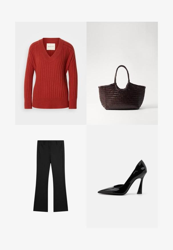 Rode geribbelde trui met een V-hals, lange mouwen en een getailleerde taille. Gemaakt van een zacht, gestructureerd materiaal. Label zichtbaar aan de binnenkant van de hals.; Zwarte flared broek van gladde stof, met voorzakken en een op maat gemaakte pasvorm met geplooide lijnen voor een verzorgde uitstraling.; Zwarte laklederen pumps met een spitse neus en een opvallende hoekige hak. Gladde textuur met een slanke, glanzende afwerking.; Geweven bruin tote bag met een afgeronde bovenkant en twee handvatten. Heeft een gestructureerd patroon met een brede, open constructie voor gemakkelijke toegang.