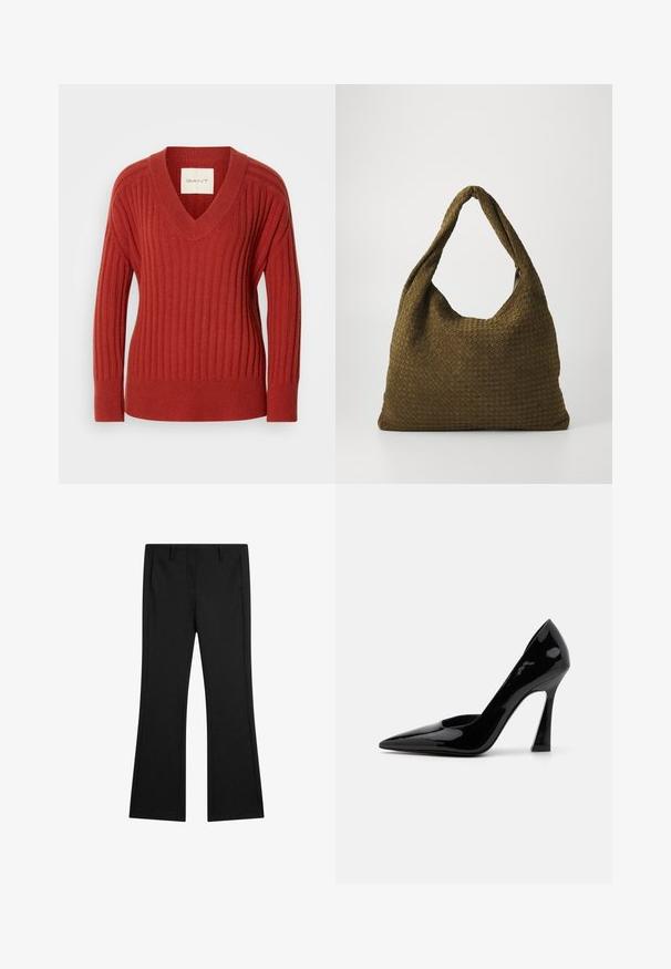 Rød ribbet sweater med V-hals, lange ærmer og fitted talje. Fremstillet af et blødt, struktureret materiale. Etiket synlig inden i halsudskæringen.; Sorte flagrende bukser lavet af glat stof, med forlommer og en skræddersyet pasform med pressede foldelinjer for et poleret udseende.; Sort patentlæder højhælede pumper med spidse tæer og en vinklet stiletto-hæl, med en glat, skinnende overflade.; Vævet stofhåndtaske i olivengrøn med en rummelig, rund form og et enkelt, forlænget håndtag til bæring. Struktureret overflade.