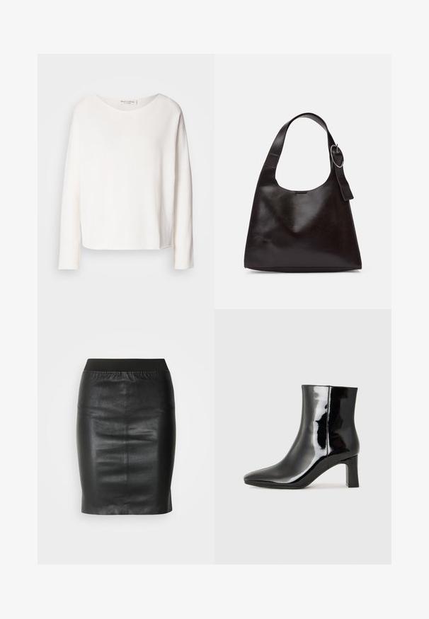 Top de manga longa, com decote redondo, em tecido branco leve e suave com um ajuste relaxado. Apresenta uma bainha limpa e sem hardware visível.; Saia lápis preta feita de couro suave, com um cós elástico para uma silhueta ajustada e um design minimalista.; Botim de tornozelo em pele sintética preta com bico apontado e salto bloco de altura média. Textura suave e design minimalista.; Bolsa de ombro em pele castanha com uma textura suave, forma arredondada, alça larga e um detalhe metálico circular na pega.