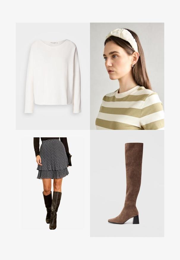 Långärmad topp med rund halsringning i mjukt, lättviktigt vitt tyg med avslappnad passform. Har en ren nederkant och ingen synlig hårdvara.; Svartvit mönstrad lagerkjol med en frasig design, tillsammans med knähöga svarta läderstövlar. Slät textur och åtsittande midja.; Bruna över knäna stövlar i mjukt mocka med spetsig tå och en kraftig svart klack. Designen har sömlös sömnad för en snygg look.; Krämfärgad vadderad huvudband med vriden design, i kombination med en beige och vit randig skjorta med rund halsringning. Diskreta smyckeakcenter.