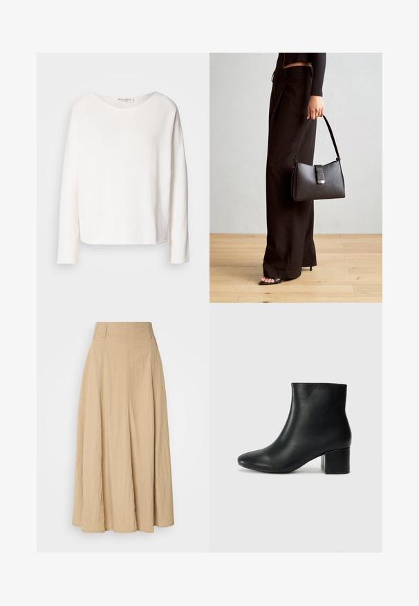 Dugih rukava, majica s okruglim izrezom od mekog, laganog bijelog materijala s opuštenim krojem. Ima čistu obrub i bez vidljivih dodataka.; Bež suknja do poda s visokim strukom, napravljena od teksturiranog materijala, sa nabranim donjim dijelom, jednostavnog dizajna bez vidljivih uzoraka.; Crne kožne čizme do članaka s uskim vrhom i debelim potplatom. Glatka tekstura s minimalnim detaljima i elegantan, prilagođen dizajn.; Crna torba s oblikom koji sadrži strukturu, glađu teksturu i metalnu kopču. Uparena s širokim crnim hlačama i sandalama na otvorenom s drvenog poda.