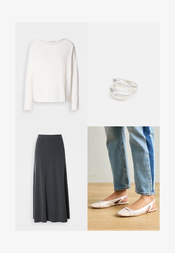 Langärmliges, rundhalsiges Oberteil aus weichem, leichtem weißen Stoff mit lockerer Passform. Verfügt über einen sauberen Saum und keine sichtbaren Beschläge.; Dunkelgrauer Maxirock aus einem weichen, elastischen Stoff. Verfügt über einen hohen Bund und ein fließendes Design, mit dezenten Seitennähten für Form.; Blassrosa Slingback-Ballerinas mit spitzem Punkt, aus einem glatten, lederähnlichen Material. Mit Ausschnitten an den Seiten und einem flachen Absatz.; Silberner Doppelring mit einer glatten, polierten Oberfläche. Verfügt über ein fließendes, kurviges Design mit überlappenden Abschnitten für einen modernen Look.