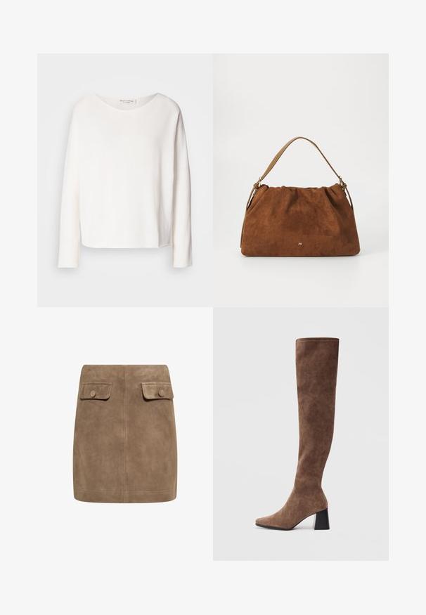 Tricou cu mâneci lungi și gât rotunjit, din material alb moale și ușor, cu o croială lejeră. Prezintă un tiv curat și nu are elemente de prindere vizibile.; Fustă mini din ante maro, cu o textură netedă, având două buzunare cu clapetă în față și închideri cu buton pe fiecare parte. Design simplu și drept.; Botine maro, peste genunchi, din suede moale, cu vârful ascuțit și toc gros negru. Designul prezintă cusături fără sudură pentru un aspect elegant.; Geantă din suede maro cu un design plisat, având o curea din piele bej și un detaliu subtil cu logo auriu în partea din față.