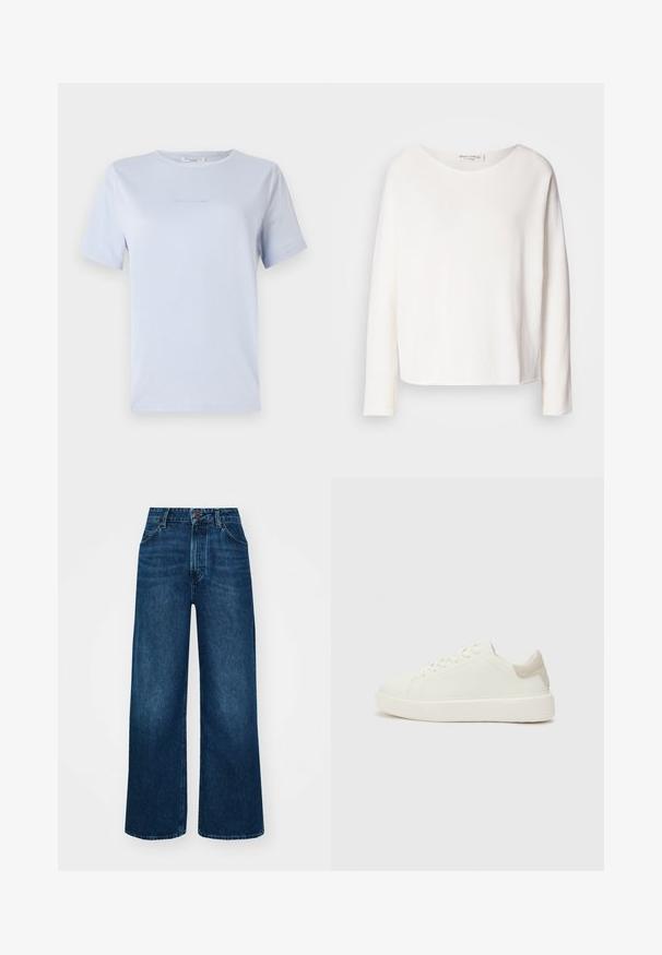 Blusa de manga larga y cuello redondo en suave y ligera tela blanca con un corte holgado. Presenta un dobladillo limpio y sin herrajes visibles.; Camiseta de manga corta azul claro, hecha de una tela suave, con un cuello redondo y un sutil estampado de logo. Diseño simple, corte relajado.; Jeans de talle alto y pierna ancha en denim azul oscuro con una textura suave, costuras en contraste y un diseño de cinco bolsillos. Cierre frontal con botón.; Zapatillas blancas de cuero bajo con una textura suave, que presentan un acento de ante beige claro en el talón y una gruesa suela de goma blanca.