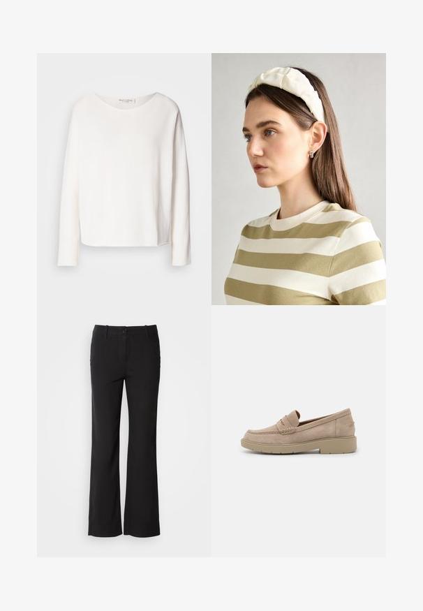 Garās piedurknes, apaļā kakla augšdaļa no mīkstas, vieglas, baltas auduma ar brīvu piegriezumu. Iezīmē tīru apakšmalu un bez redzamām detaļām.; Melni kokvilnas auduma bikses ar taisnu kāju dizainu, priekšējo pogu aizdari un divām sānu kabatām. Gluda tekstūra, bez redzamām rakstu zīmēm.; Beige zamšveida loafers ar apaļu purngalu, dekoratīvo šuvju un zemiem, masīviem gumijas zoli, kas nodrošina komfortu un stabilitāti.; Krēma krāsas pildīta galvassega ar uztinuma dizainu, apvienota ar bēša un baltā svītrainā krekla ar apaļu izgriezumu. Smalkas rotaslietas akcenti.