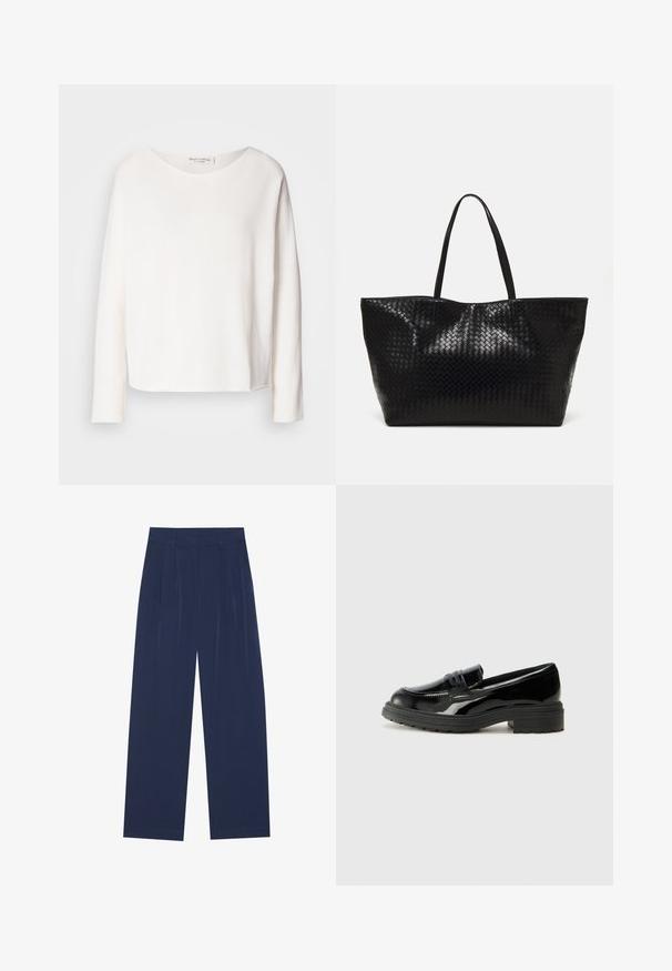 Blusa de manga larga y cuello redondo en suave y ligera tela blanca con un corte holgado. Presenta un dobladillo limpio y sin herrajes visibles.; Pantalones de pierna ancha en azul marino, fabricados en un tejido suave, que cuentan con pliegues frontales, una textura lisa y un corte recto sin bolsillos visibles.; Mocasines de charol negro con suela gruesa de goma negra, que presentan un empeine cosido y una superficie suave y brillante.; Bolso tote tejido negro con dos asas resistentes, que cuenta con una textura brillante y un diseño de parte superior abierta y espaciosa.