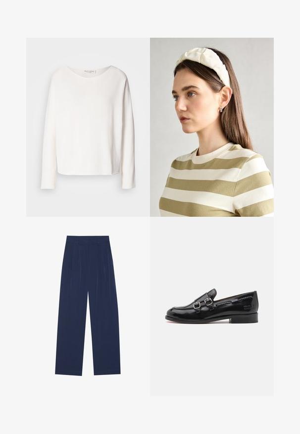 Pitkähihaisessa, pyöreäkaula-aukkoisessa paidassa on pehmeä, kevyt valkoinen kangas ja rento mitoitus. Tässä on siisti helma eikä näkyvää kiinnitysmateriaalia.; Navy siniset leveälahkeiset housut, joissa on pehmeä kangas, etuvaljaat, sileä pinta ja suora malli ilman näkyviä taskuja.; Musta pateenttilesteri loaferi, jossa on kaksinkertaiset hopeiset soljet, hieman pyöristetty kärki ja matala pinoheijastin. Tekstuuripistot yksityiskohtana yläosassa.; Kermainen pehmustettu pääpanta, jossa on kiertävä muotoilu, yhdistettynä beige-valkoraidalliseen puseroon, jossa on pyöreä pääntie. Huomaamaton koruasu.