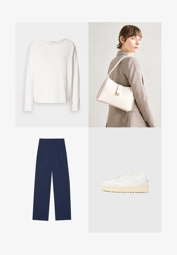 Garās piedurknes, apaļā kakla augšdaļa no mīkstas, vieglas, baltas auduma ar brīvu piegriezumu. Iezīmē tīru apakšmalu un bez redzamām detaļām.; Tumši zili platleņķa bikses, kas izgatavotas no mīksta auduma, ar priekšējo krokām, gludu tekstūru un taisnu piegriezumu bez redzamām kabatām.; Baltie kedas ar teksturētu ādas virsu, bēša akcentiem, apaļu purngalu un biezām teksturētām gumijas zolēm. Iespējots sešu mežģīņu caurumu dizains.; Balta ādas rokassoma ar strukturētu dizainu, kurai ir magnētiska aizdare un plecu josta, parādīta uz neitrāla fona.