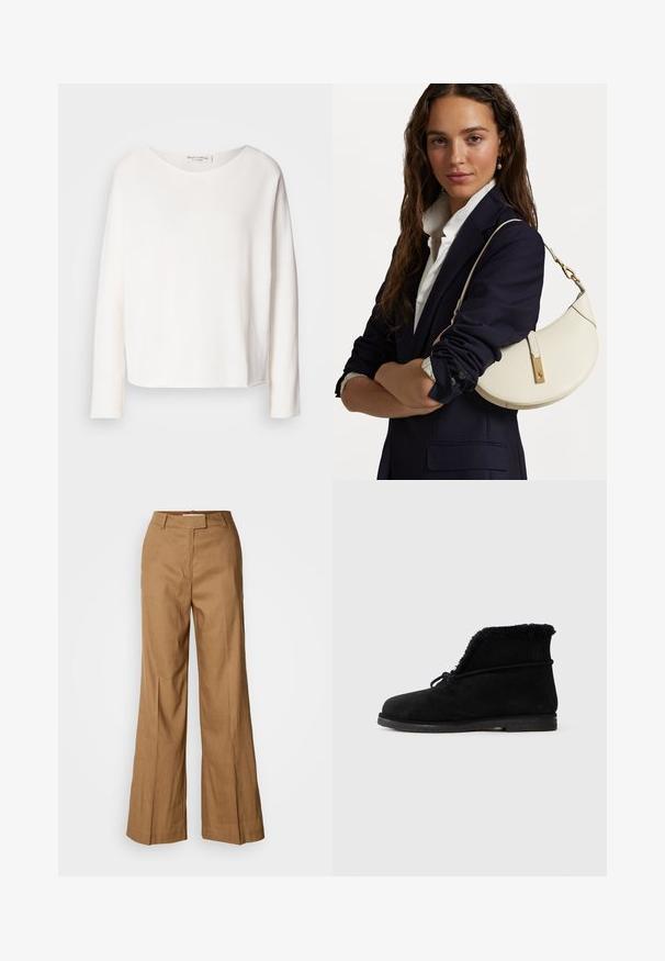 Långärmad topp med rund halsringning i mjukt, lättviktigt vitt tyg med avslappnad passform. Har en ren nederkant och ingen synlig hårdvara.; Bruna vida byxor gjorda av lättviktigt material. Har en platt front, bälteshällor och en skräddarsydd silhuett med en ankellång längd.; Svarta mocka ankelstövlar med synlig konstpälsfoder vid öppningen och ett knutet snöre som är virat runt den övre delen.; Vit läderhandväska med en böjd form, gyllene detaljer och en texturerad yta, bärs över en mörk blazer och vit skjorta.; Krämfärgad vadderad huvudband med vriden design, i kombination med en beige och vit randig skjorta med rund halsringning. Diskreta smyckeakcenter.
