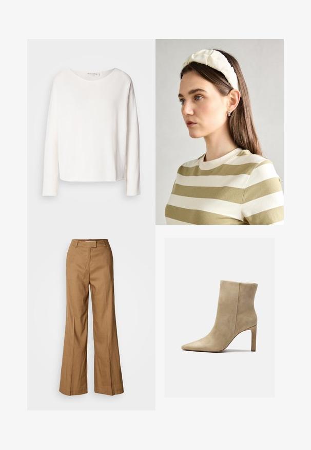 Top à manches longues et col rond en tissu blanc doux et léger avec une coupe décontractée. Doté d'un ourlet net et sans fixation visible.; Pantalons larges bruns en tissu léger. Dotés d'un devant plat, de passants de ceinture et d'une silhouette ajustée avec une coupe à longueur de cheville.; Zign Bottines à talons hauts - beige; Un bandeau en créme rembourré avec un design torsadé, associé à une chemise rayée beige et blanche à col rond. Accent de bijoux discrets.