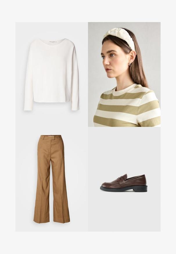 Hosszú ujjú, kerek nyakú felső puha, könnyű fehér anyagból, laza szabással. Tiszta szegéllyel és látható fémrész nélkül készült.; Barna, széles szárú nadrág könnyű anyagból. Jellemzője a sima elülső rész, övhurkok és az alakra szabott sziluett, boka hosszúságú kivitelben.; Barna bőr loaferek lekerekített orral, díszcsíkkal a felsőrészen, valamint alacsony, texturált fekete gumitalppal.; Krém színű párnázott fejpánt csavaros kivitelezéssel, bézs és fehér csíkos pólóval párosítva, kerek nyakkivágással. Diszkrét ékszer kiegészítők.