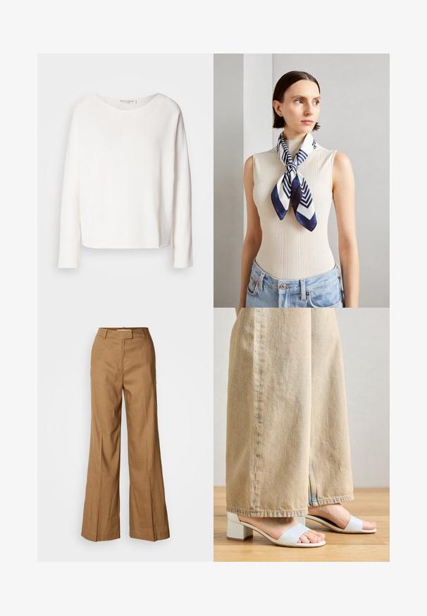 Blusa de manga larga y cuello redondo en suave y ligera tela blanca con un corte holgado. Presenta un dobladillo limpio y sin herrajes visibles.; Pantalones de pierna ancha marrones, confeccionados en una tela ligera. Cuentan con un frente plano, pasadores para cinturón y una silueta ajustada con un corte a la altura del tobillo.; Sandalias de tacón bloque en azul claro con dos correas anchas. Llevadas con pantalones de pierna ancha beige, mostrando el diseño del zapato contra la textura de la tela.; Pañuelo de seda en azul marino y blanco con un patrón geométrico de zigzag. Textura suave, atado de manera ordenada alrededor del cuello, complementando una blusa de canalé.; Diadema acolchada crema con diseño trenzado, acompañada de una camiseta de rayas beige y blanca con cuello redondo. Sutiles acentos de joyería.