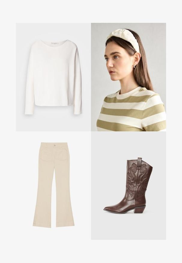 Long-sleeve, round-neck top in soft, lightweight white fabric with a relaxed fit. Features a clean hem and no visible hardware.; Beige flared pants with a high waist, made of cotton fabric. Features front and back pockets, belt loops, and a single silver button.; Brown leather cowboy boot with pointed toe, decorative stitching on shaft, and a low stacked heel. Smooth texture with a polished finish.; Cream padded headband with twisted design, paired with a beige and white striped shirt featuring a round neckline. Subtle jewelry accents.