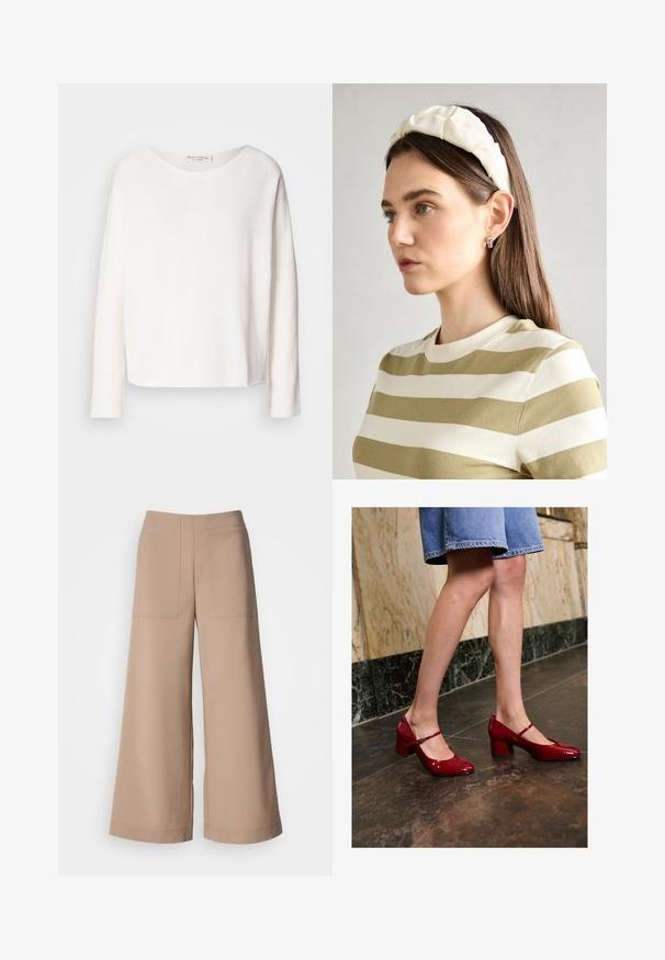 Long-sleeve, round-neck top in soft, lightweight white fabric with a relaxed fit. Features a clean hem and no visible hardware.; Wide-leg trousers in a light beige fabric. Features two front patch pockets, flat waistband, and smooth texture with a tailored finish.; Person wearing shiny red Mary Jane block heels and blue denim skirt standing on dark tiled floor near marble wall.; Cream padded headband with twisted design, paired with a beige and white striped shirt featuring a round neckline. Subtle jewelry accents.