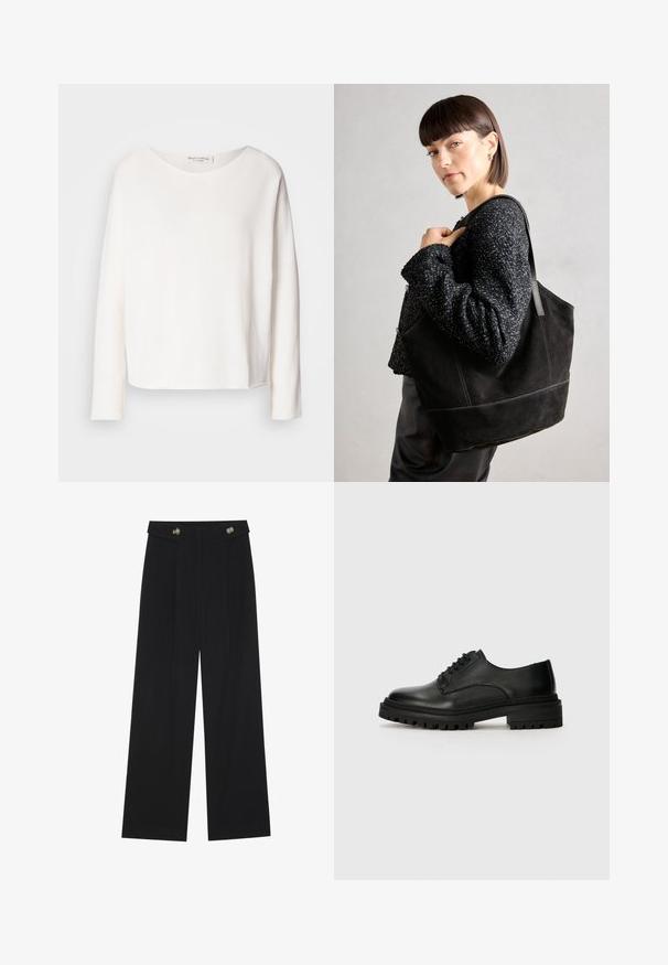 Blusa de manga larga y cuello redondo en suave y ligera tela blanca con un corte holgado. Presenta un dobladillo limpio y sin herrajes visibles.; Pantalones de pierna ancha negros con cintura alta, detalles de botones en la cinturilla y pliegues en la parte delantera.; Zapato oxford de cuero negro con punta redondeada, diseño con cordones y suela de goma texturizada que cuenta con tacos para un mejor agarre.; Bolso tote de ante negro con una textura suave, forma estructurada y costuras en contraste. Presenta asas largas para llevar en el hombro.; Conjunto de cinco pendientes de oro, con distintos diseños: superficies retorcidas, estriadas y lisas en formas de aro y media luna.