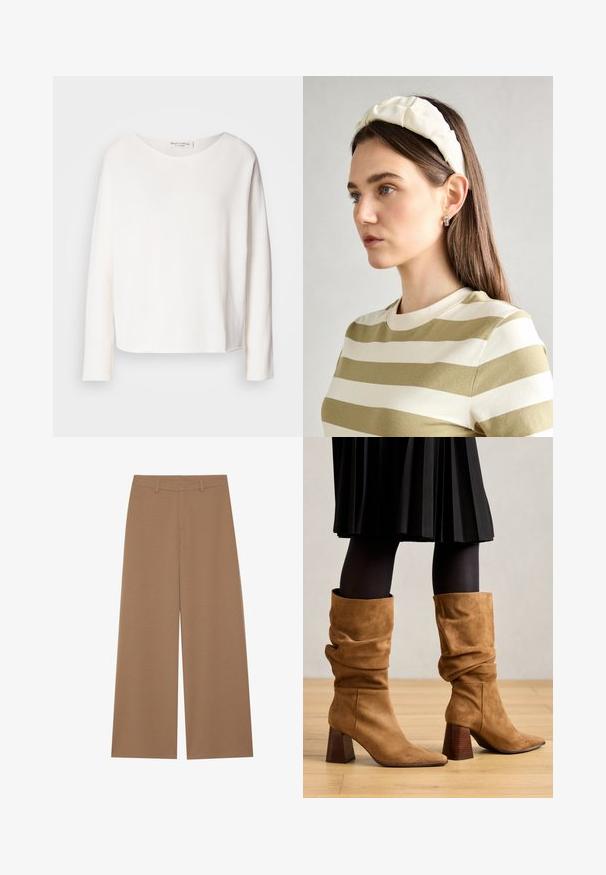 Top de manga longa, com decote redondo, em tecido branco leve e suave com um ajuste relaxado. Apresenta uma bainha limpa e sem hardware visível.; Calças de perna larga em uma cor castanha sólida, feitas de um tecido texturizado; apresentam uma cintura alta e um design estruturado com passantes para cinto.; Botas de tornozelo em camurça castanha, com bicos pontiagudos e saltos de madeira empilhados. Usadas com collants pretos e uma saia plissada preta.; Fita de cabelo almofadada em creme com design torcido, acompanhada de uma camisa às riscas bege e branca com escote redondo. Acentos discretos em joias.