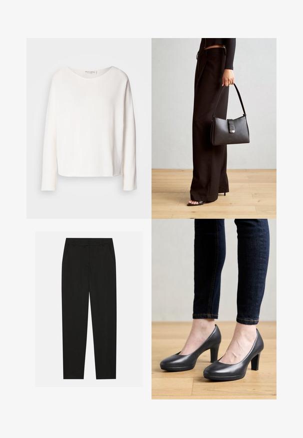 Blusa de manga larga y cuello redondo en suave y ligera tela blanca con un corte holgado. Presenta un dobladillo limpio y sin herrajes visibles.; Pantalones negros con un diseño ajustado, que cuentan con bolsillos laterales y pierna recta. Fabricados con una tela suave y liviana con un acabado elegante.; Zapatos de tacón alto de cuero gris con punta redonda y acabado suave. Combinados con jeans azul oscuro, resaltando una silueta esbelta.; Bolso negro con forma estructurada, textura suave y un cierre metálico. Combinado con pantalones anchos negros y sandalias de dedo en un suelo de madera.