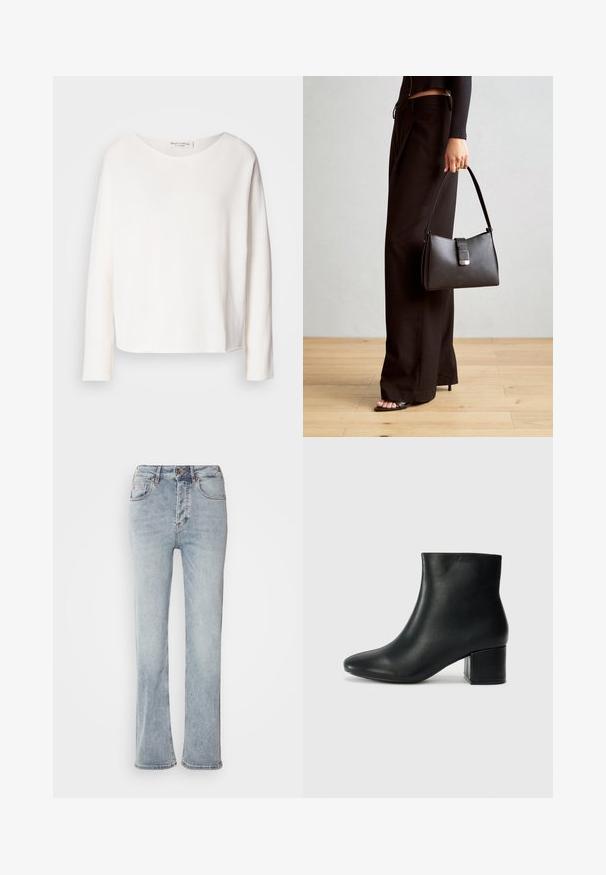 Long-sleeve, round-neck top in soft, lightweight white fabric with a relaxed fit. Features a clean hem and no visible hardware.; Light blue denim jeans with a high waist, straight leg design, and a slight flare at the hem. Features stitching accents and a zip fly.; Black leather ankle boots with a pointed toe and a chunky heel. Smooth texture with minimal accents and a sleek, fitted design.; Black handbag with structured shape, smooth texture, and a metallic clasp. Paired with wide black pants and open-toe sandals on wooden floor.