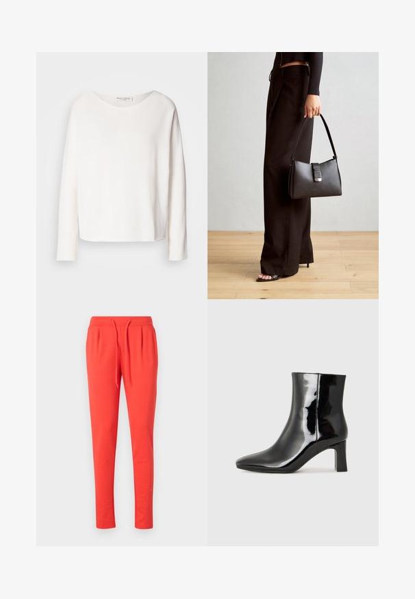 Pikend varrukatega, ümarate kaelustega tee, mis on valmistatud pehmest, kergekaalulisest valgest kangast ja millel on mugav lõige. Omab puhast äärt ja nähtavat riistvarata disaini.; Punased jogger-püksid, mis on valmistatud pehmest materjalist, millel on elastne vöökoht ja reguleeritav nöör. Omab kitsenevat säärte disaini.; Must-sinine nahkjalats musta läikiva viimistlusega, millel on terav nina ja keskmise kõrgusega plokk konts. Sile tekstuur ja minimalistik disain.; Must musta kott, millel on struktureeritud kuju, sile tekstuur ja metallist klamber. Kombineeritud laiate mustade pükstega ja avatud varvaste sandaalidega puidust põrandal.