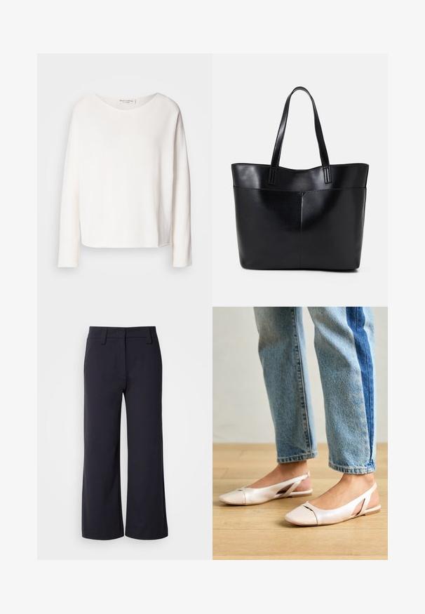 Hosszú ujjú, kerek nyakú felső puha, könnyű fehér anyagból, laza szabással. Tiszta szegéllyel és látható fémrész nélkül készült.; Sötét navy színű, bő szárú nadrág. Lapos elülső rész, övhurkok és oldalsó zsebek jellemzik. Az anyag sima, enyhe rugalmassággal rendelkezik.; Világos rózsaszín slingback laposlábú cipők, hegyes orral, sima bőrhatású anyagból készült. Oldalt kivágott részletek találhatók rajta, valamint lapos sarkú.; Fekete bőr bevásárlótáska két hosszú fogantyúval, sima felülettel és strukturált formával. Elülső zseb található rajta a plusz tárolás érdekében.