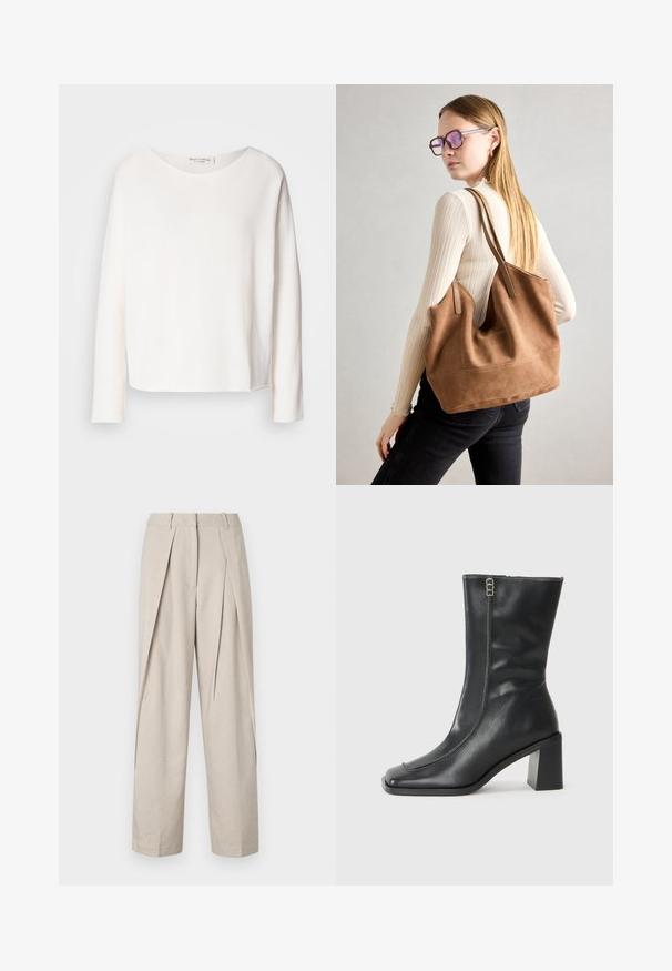 Dlhý rukáv, top s okrúhlym výstrihom z jemného, ľahkého bieleho materiálu s voľným strihom. Obsahuje čistý lem a žiadne viditeľné hardvérové prvky.; Bežové upravené nohavice s plisovaným predným dielom, širokými nohavicami a hladkým povrchom. Majú klasický pás a bočné vrecká.; Čierne kožené členkové topánky so štvorcovou špičkou, bočným zipsom a robustným, štvorcovým podpätkom. Obsahujú kontrastné šitie pozdĺž predného švu.; Hnedá semišová taška na rameno s mäkkou textúrou, veľkým otvorom a dlhými popruhmi. Má jednoduchý dizajn s viditeľným šitím a bez kovových prvkov.