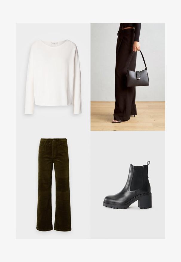 Top de manga longa, com decote redondo, em tecido branco leve e suave com um ajuste relaxado. Apresenta uma bainha limpa e sem hardware visível.; Calças de veludo cotelê com corte boca de sino em verde oliva escuro. Apresenta cinco bolsos, um fecho de botão e textura ribete vertical. Ajuste padrão com um design clássico.; Botim preto de couro até ao tornozelo com um tacão robusto, painéis laterais elásticos e uma alça na parte de trás. Sola texturizada para maior aderência.; Bolsa preta com forma estruturada, textura suave e um fecho metálico. Combinada com calças largas pretas e sandálias de salto aberto sobre um chão de madeira.