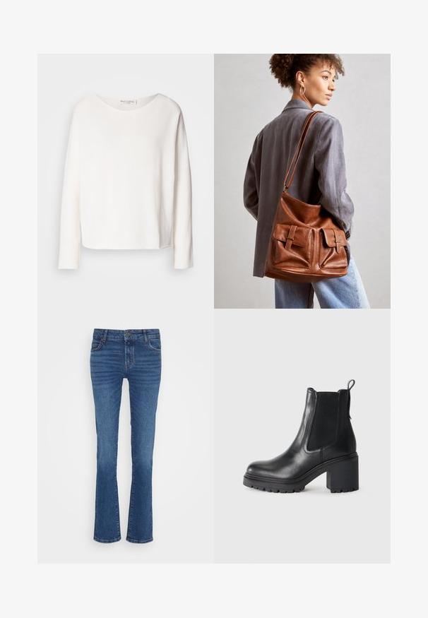 Ilgas rankovės, apvalaus kaklo viršus iš minkštos, lengvos baltos medžiagos su laisvu kirpimu. Savybės - švarus apvadas ir jokių matomų detalių.; Mėlynos džinsinio audinio kelnės su tiesiomis kojomis, turinčios šviesią dėvėjimo išvaizdą, penkių kišenių išdėstymą ir metalinį sagčių uždarymą juosmens srityje.; Juodas odinis kulkšninis botas su storu kulnu, elastiniais šonų intarpais ir kilpeliu gale. Textūruotas padas geresniam sukibimui.; Ruda odinė kibirėlio forma maišelis, turintis dvi priekinės kišenes su sagtimis. Maišelis turi glotnią tekstūrą ir reguliuojamą dirželį.