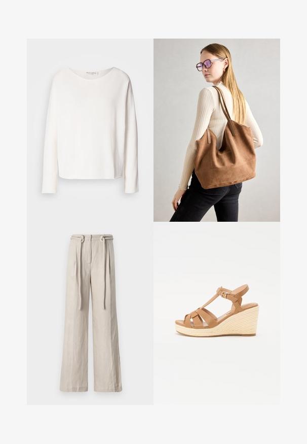 Långärmad topp med rund halsringning i mjukt, lättviktigt vitt tyg med avslappnad passform. Har en ren nederkant och ingen synlig hårdvara.; Breda byxor i ljusbeige linne med hög midja, framvikningar och en knytbeltdetalj. Slät textur och avslappnad passform.; Bruna kilklackssandaler med tvärband, justerbart ankelsläp och en texturerad vävd espadrillo-kil.; Brun mocka toteväska med mjuk textur, stor öppning och långa axelremmar. Har en enkel design med synliga sömmar och ingen hårdvara.