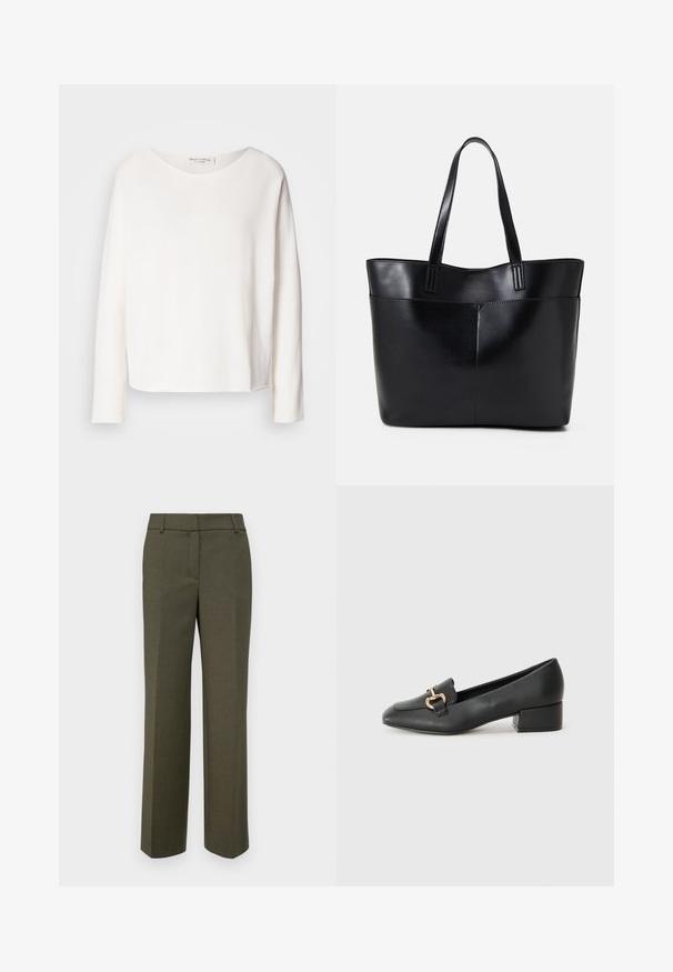 Long-sleeve, round-neck top in soft, lightweight white fabric with a relaxed fit. Features a clean hem and no visible hardware.; Olive green tailored trousers made of textured fabric. Features a straight leg design with a flat front and no visible embellishments.; Black leather loafers with a flat heel, featuring a decorative gold hardware detail on the front and a smooth texture.; Black leather tote bag with two long handles, a smooth texture, and a structured shape. Features a front pocket for additional storage.