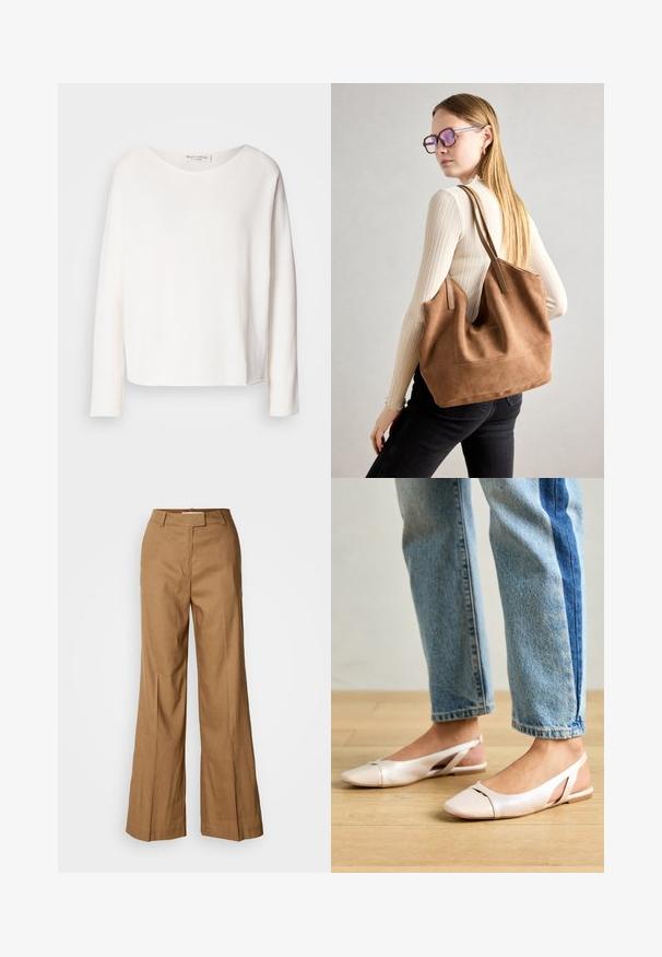 Dlouhý rukáv, kulatý výstřih, top z jemné, lehké bílé látky s volným střihem. Obsahuje čistý lem a žádné viditelné kovové prvky.; Hnědé široké kalhoty vyrobené z lehké tkaniny. Mají plochý přední díl, poutka na pásek a upravený siluetu s délkou ke kotníkům.; Světle růžové slingback baleríny s špičatou špičkou, vyrobené z hladkého koženému materiálu. Obsahují vystřihovací detaily po stranách a plochý podpatek.; Hnědá semišová taška přes rameno se soft-touch texturou, velkým otvorem a dlouhými popruhy. Disponuje jednoduchým designem s viditelným šitím a bez kovových prvků.