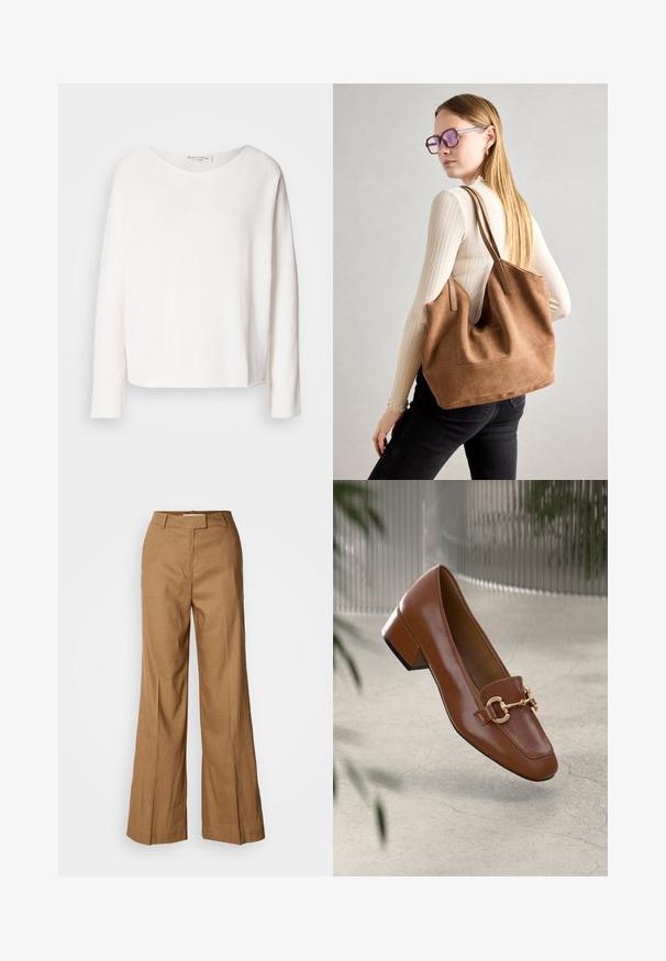 Majica dolgih rokavov, okroglega izreza iz mehke, lahke bele tkanine z sproščenim krojem. Ima čist rob in brez vidnih dodatkov.; Rjave široke hlače iz lahkega materiala. Imajo ravno sprednjo stran, zanke za pas in kroj, ki je prilagojen postavi, z dolžino do gležnjev.; Rjavi lakirani loafer z kvadratnim nosom, kovinsko verigo kot okrasom in nizko blok podplatom; gladka tekstura, minimalističen dizajn.; Rjava semišna torba z mehko teksturo, velikim odprtjem in dolgimi ročaji. Ima preprost dizajn z vidnim šivanjem in brez okovja.