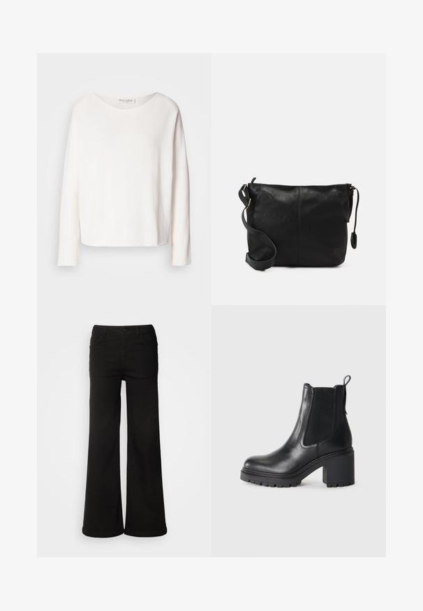 Pitkähihaisessa, pyöreäkaula-aukkoisessa paidassa on pehmeä, kevyt valkoinen kangas ja rento mitoitus. Tässä on siisti helma eikä näkyvää kiinnitysmateriaalia.; Mustat vältävät housut, jotka on valmistettu denimi-kankaasta, jossa on etutaskut, nappikiinnitys ja sileä pinta puhtaalla viimeistelyllä.; Musta nahkasaapas nilkkapituisella, paksulla korolla, elastisilla sivupaneeleilla ja repäisykielekkeellä takana. Kuvioitu pohja lisää pitoa.; Musta nahkainen olkalaukku, jossa on litteä muoto, kultaiset yksityiskohdat ja säädettävä hihna. Sujuva pinta, jossa on vain vähän ompelutietoja.