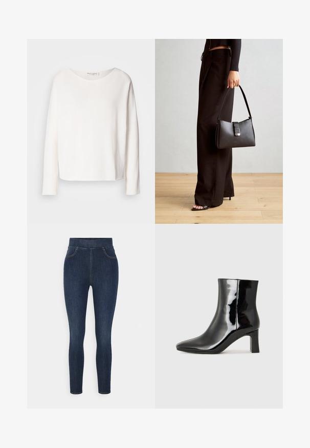 Garās piedurknes, apaļā kakla augšdaļa no mīkstas, vieglas, baltas auduma ar brīvu piegriezumu. Iezīmē tīru apakšmalu un bez redzamām detaļām.; Tumši zili džinsu jega, kas piedāvā augstu vidukli, slaidu piegriezumu un maigu izbalēšanu. Ietver priekšējās kabatas un gludu, mīkstu tekstūru.; Melnas patentētas ādas potīšu zābaki ar norādītu pirkstu un vidēja augstuma kvadrātveida papēdi. Gluda tekstūra un minimālisma dizains.; Melnā somiņa ar strukturētu formu, gludu tekstūru un metālu sprādzi. Saskaņota ar platām melnām biksēm un sandālēm ar atvērtu purngalu uz koka grīdas.