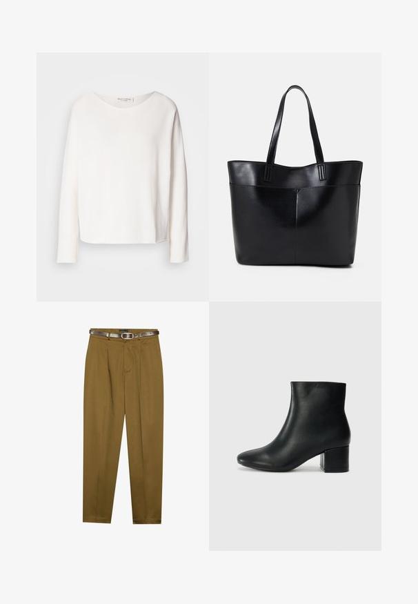 Hosszú ujjú, kerek nyakú felső puha, könnyű fehér anyagból, laza szabással. Tiszta szegéllyel és látható fémrész nélkül készült.; Barna, szabott nadrág, pleátli fronttal és karcsúsított derékkal. Sötétbarna bőröv tartozik hozzá, kerek csattal.; Fekete bőr bokacsizma hegyes orral és vastag sarokkal. Sima felület minimális díszítéssel és karcsú, passzos kialakítással.; Fekete bőr bevásárlótáska két hosszú fogantyúval, sima felülettel és strukturált formával. Elülső zseb található rajta a plusz tárolás érdekében.