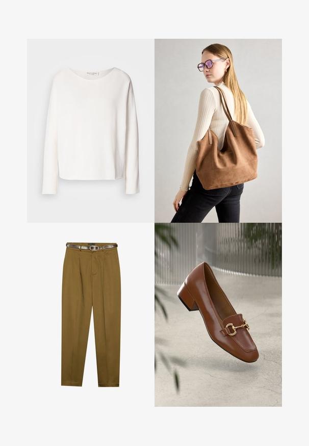 Lange mouwen, ronde hals top in zachte, lichtgewicht witte stof met een relaxte pasvorm. Heeft een nette zoom en geen zichtbare hardware.; Bruine, op maat gemaakte broeken met een geplooide voorkant en een aansluitende tailleband. Donkerbruine leren riem inbegrepen, met een ronde gesp.; Bruine lakleren loafer met vierkante neus, metallic kettingaccent en lage blokhak; gladde textuur, minimalistisch ontwerp.; Bruine suède totebag met zachte textuur, grote opening en lange hengsels. Het heeft een eenvoudig ontwerp met zichtbare stiksels en geen hardware.