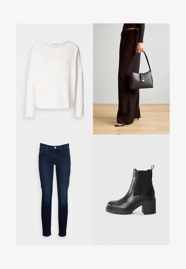 Top de manga longa, com decote redondo, em tecido branco leve e suave com um ajuste relaxado. Apresenta uma bainha limpa e sem hardware visível.; Marc O'Polo DENIM ALVA - Calças de ganga justas - dark blue/black; Botim preto de couro até ao tornozelo com um tacão robusto, painéis laterais elásticos e uma alça na parte de trás. Sola texturizada para maior aderência.; Bolsa preta com forma estruturada, textura suave e um fecho metálico. Combinada com calças largas pretas e sandálias de salto aberto sobre um chão de madeira.