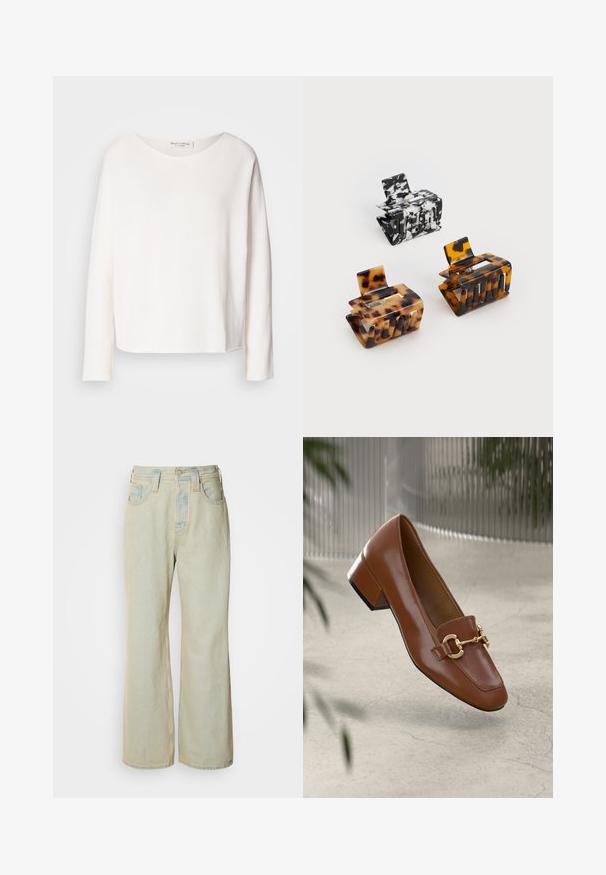 Langermet topp med rund hals i mykt, lett hvitt stoff med en avslappet passform. Har en ren nederkant og ingen synlig maskinvare.; Lyseblå vide jeans laget av denim, med høy midje, fem lommer og subtil falming med kontraststing.; Brun lakkert skinn loafer med firkantet tå, metallkjedeakkent, og lav blokkheel; glatt tekstur, minimalistisk design.; Tre hårnåler: en i svart og hvitt marmorert, to i skilpaddemønster i brune og svarte nyanser, alle laget av glansfull plast med en teksturert finish.