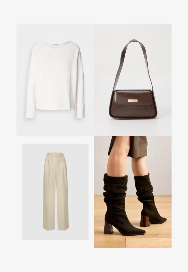 Garās piedurknes, apaļā kakla augšdaļa no mīkstas, vieglas, baltas auduma ar brīvu piegriezumu. Iezīmē tīru apakšmalu un bez redzamām detaļām.; ANDIATA GYTTA - Auduma bikses - champagne; Tumši zaļi samta izvelkamie zābaki ar norādītu pirkstu un sakrautām koka papēžiem, kuriem ir mīksta tekstūra un krītoša augšdaļa.; Brūns ādas plecu soma ar strukturētu formu, kurai ir magnētisks atloks un metāla logo akcents priekšpusē.