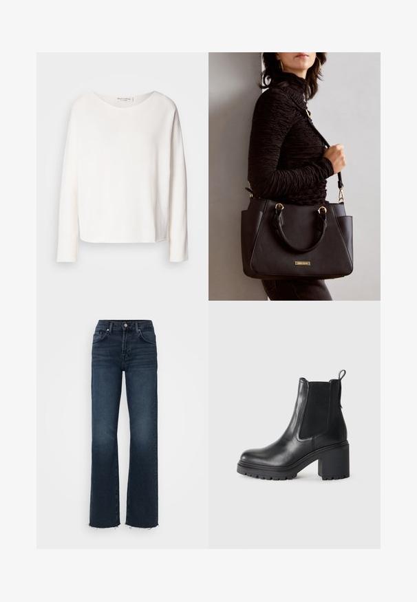 Majica dolgih rokavov, okroglega izreza iz mehke, lahke bele tkanine z sproščenim krojem. Ima čist rob in brez vidnih dodatkov.; Temno modri traper hlače z visokim pasom, širokim krojem, klasičnim petim žepnim dizajnom in raztrganim robom na dnu.; Črne usnjene gležne čevlje z debelim peto, elastičnimi stranskimi paneli in zanka za vpogled zadaj. Texturirana podplat za dodaten oprijem.; Črna torbica z teksturirano površino, z dvema zgornjima ročajema in nastavljivim ramenskim pasom. Ima zlatovrateče dodatke in stranske žepe.