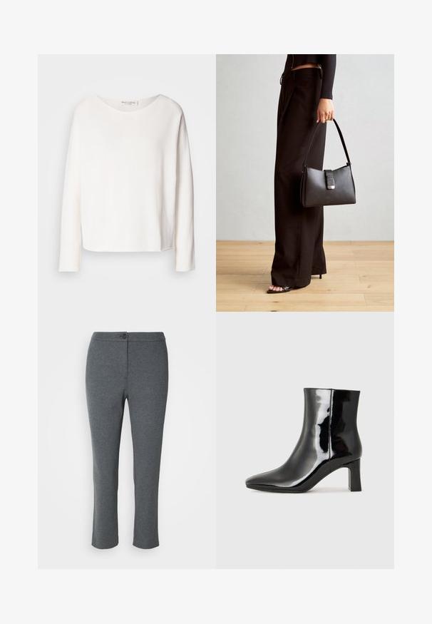 Langermet topp med rund hals i mykt, lett hvitt stoff med en avslappet passform. Har en ren nederkant og ingen synlig maskinvare.; Grå bukser laget av mykt stoff, med knappelukking, rett bein-design og en jevn tekstur. Ingen lommer eller synlige mønstre.; Sorte patentlær ankle boot med spiss tå og en mellomhøy blokkhelt. Glatt tekstur og minimalistisk design.; Svart håndveske med strukturert form, jevn tekstur og metallisk lås. Kombinert med brede svarte bukser og sandaler med åpen tå på tregulv.