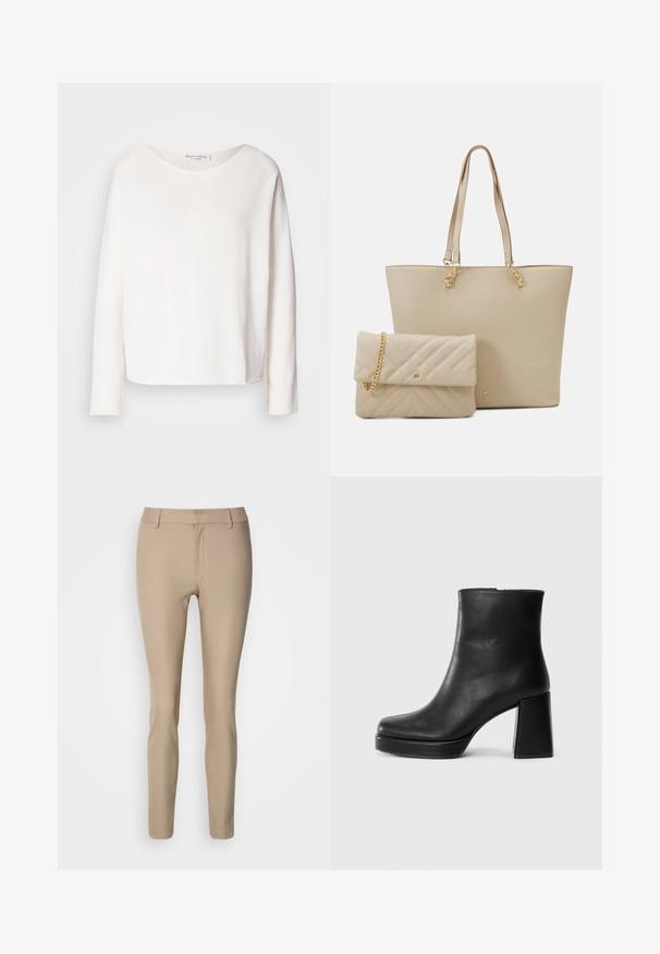 Top de manga longa, com decote redondo, em tecido branco leve e suave com um ajuste relaxado. Apresenta uma bainha limpa e sem hardware visível.; Calças bejes ajustadas com uma textura suave, corte slim e passantes para cinto. Apresenta um fecho de correr à frente e um design minimalista.; Bota de couro preta até ao tornozelo com salto bloco e sola com plataforma, vista de lado sobre um fundo branco liso.; Saco tote bege com alças planas, textura suave e acessórios em dourado, combinado com uma mala clutch acolchoada correspondente, apresentando uma alça de corrente.